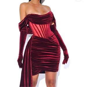Irisa Burgundy Draping Off Shoulder Corset Dress